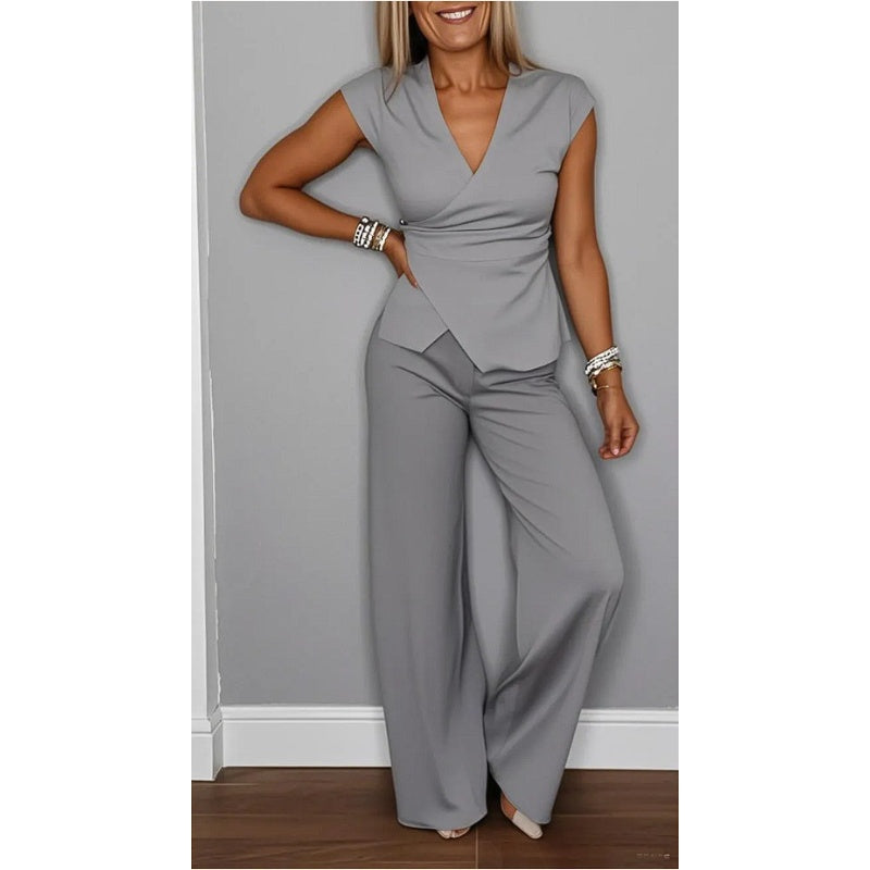💋Elegant sett med topp og bukser med V-hals for kvinner
