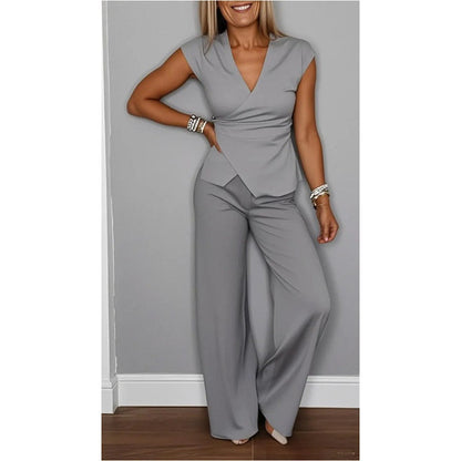 💋Elegant sett med topp og bukser med V-hals for kvinner