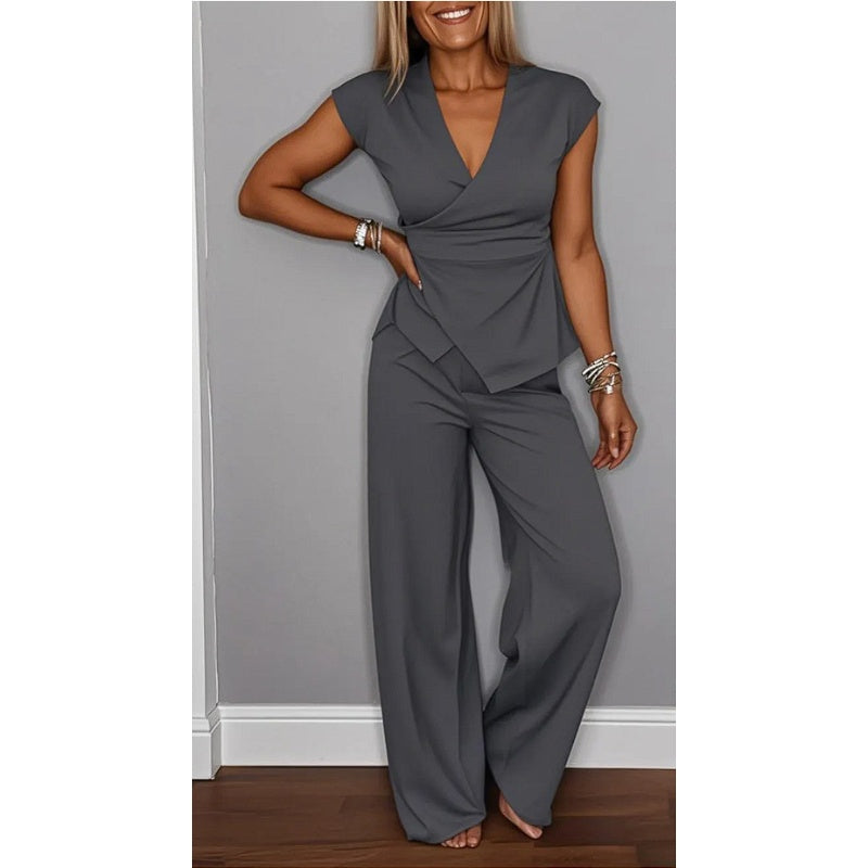 💋Elegant sett med topp og bukser med V-hals for kvinner