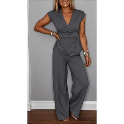 💋Elegant sett med topp og bukser med V-hals for kvinner