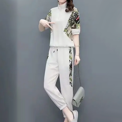 Damen Floral Patchwork Sport Kortærmet Top & Casual Buksesett