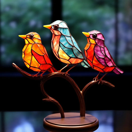 Skrivebordsdekorasjoner i farget glass med fugler på gren