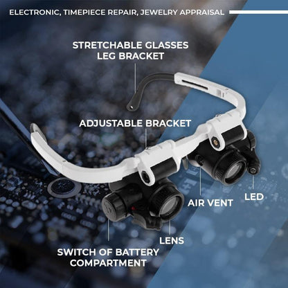LED-briller med forstørrelsesglass (8x 15x 23x)